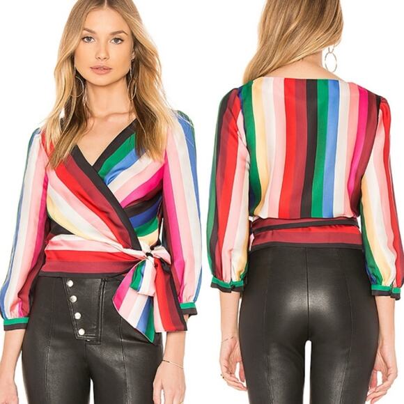 Alice + Olivia Dyanna Rainbow Multicolor Stripe Wrap Blouse Vibrant Pride Chic - Picture 1 of 10